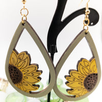 Sunflower Handmade Laser Cut and engraved wood dangle earrings Walnut or Painted - Lightweight Teardrop - Sprouting Expressions