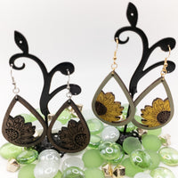 Sunflower Handmade Laser Cut and engraved wood dangle earrings Walnut or Painted - Lightweight Teardrop - Sprouting Expressions