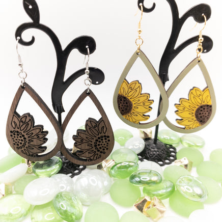 Sunflower Handmade Laser Cut and engraved wood dangle earrings Walnut or Painted - Lightweight Teardrop - Sprouting Expressions