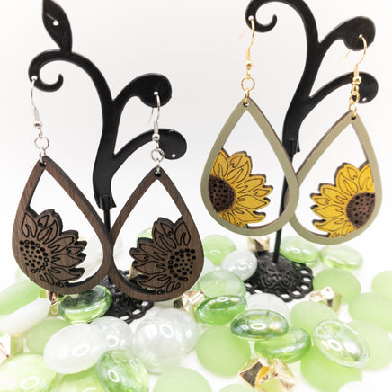Sunflower Handmade Laser Cut and engraved wood dangle earrings Walnut or Painted - Lightweight Teardrop - Sprouting Expressions