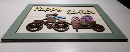 Happy Easter Shiplap Sign - Handmade Wooden layered sign with Bunny on a bike and Eggs - Sprouting Expressions