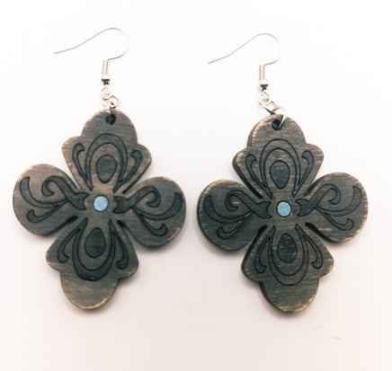 Gray and Black Weathered wood Dangle Earrings - Handmade Laser Cut jewelry -Distressed look - Sprouting Expressions