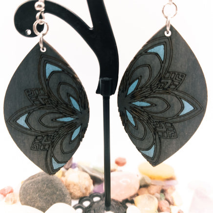 Gray Weathered floral marquise shaped, wood Dangle Earrings - Handmade Laser Cut jewelry - engraved and Distressed - Sprouting Expressions