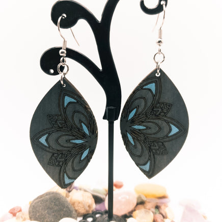 Gray Weathered floral marquise shaped, wood Dangle Earrings - Handmade Laser Cut jewelry - engraved and Distressed - Sprouting Expressions