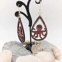 Octopus Teardrop Earrings Handmade Laser Cut wood dangle earrings Sea Ocean Lover Gift