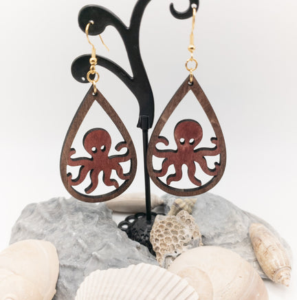 Octopus Teardrop Earrings Handmade Laser Cut wood dangle earrings Sea Ocean Lover Gift
