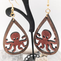 Octopus Teardrop Earrings Handmade Laser Cut wood dangle earrings Sea Ocean Lover Gift