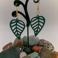 Leaf Design for the Nature Lover - Green Weathered Copper Laser Cut wood Drop Dangle Earrings  - Plant Lover Gift