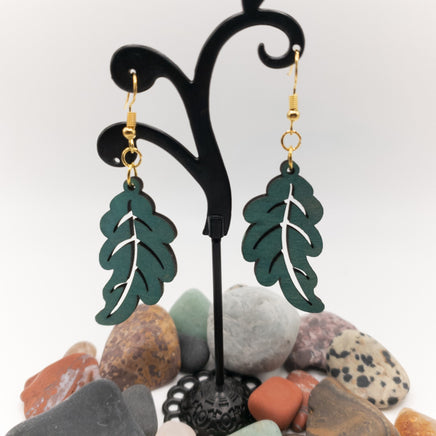 Leaf Design for the Nature Lover - Green Weathered Copper Laser Cut wood Drop Dangle Earrings  - Plant Lover Gift