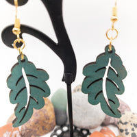 Leaf Design for the Nature Lover - Green Weathered Copper Laser Cut wood Drop Dangle Earrings  - Plant Lover Gift