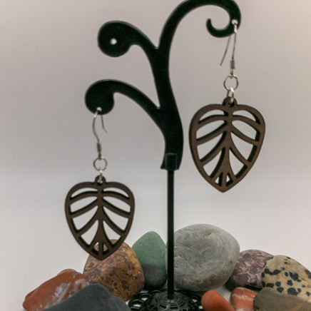 Leaf Design Nature Lover - Laser Cut Walnut Wood Drop Dangle Earrings Silver or Gold Fishhooks - Plant Lover Gift