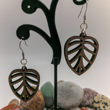 Leaf Design Nature Lover - Laser Cut Walnut Wood Drop Dangle Earrings Silver or Gold Fishhooks - Plant Lover Gift