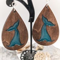 Whale Tail Teardrop 2 layer Earrings - Handmade Laser Cut dangle earrings wood and Resin Sea Ocean Lover Gift