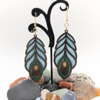 Peacock Feather Resin Filled Wooden Earrings - Handmade Laser Cut dangle drop earrings - Gift - Sprouting Expressions
