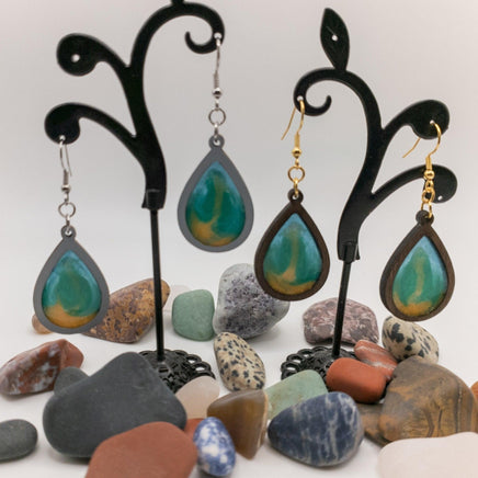 Teardrop Stained Glass -  Resin Filled Wooden Earrings - Handmade Laser Cut dangle drop earrings - Gift