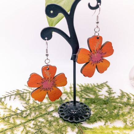 Tropical Hibiscus Flower - Hand made Laser Cut wood dangle earrings - Lightweight jewelry Gift - Sprouting Expressions