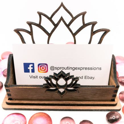 Walnut Lotus Flower Business Card Holder - Desk Card Holder - Floral Mandala Gift for office - Sprouting Expressions