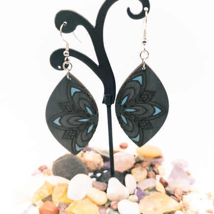 Gray Weathered floral marquise shaped, wood Dangle Earrings - Handmade Laser Cut jewelry - engraved and Distressed - Sprouting Expressions