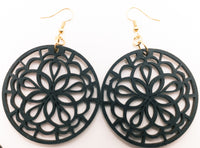 Black Mandala round wood Dangle Earrings - Handmade Laser Cut jewelry - Large 2 inch circle - Sprouting Expressions