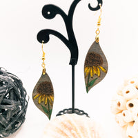 Dangle earrings, Black Eyed Susan Floral Earrings - Rudbeckia - Hand made Laser Cut wood, Lightweight jewelry Gift