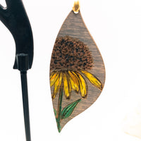 Dangle earrings, Black Eyed Susan Floral Earrings - Rudbeckia - Hand made Laser Cut wood, Lightweight jewelry Gift