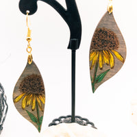 Dangle earrings, Black Eyed Susan Floral Earrings - Rudbeckia - Hand made Laser Cut wood, Lightweight jewelry Gift