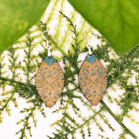 Dangle earrings, floral earrings, reverse engraved, Aztec Earrings - Hand made Laser Cut wood - Lightweight jewelry Gift