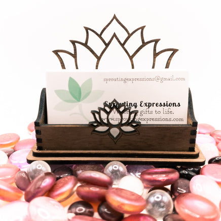 Walnut Lotus Flower Business Card Holder - Desk Card Holder - Floral Mandala Gift for office - Sprouting Expressions