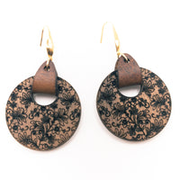Walnut wood floral damask engraved disc with leather ear cuff and decorative ear wire - Hand made Laser Cut wood dangle earrings - Gift - Sprouting Expressions
