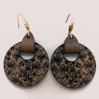 Walnut wood floral damask engraved disc with leather ear cuff and decorative ear wire - Hand made Laser Cut wood dangle earrings - Gift - Sprouting Expressions