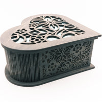 Heart Shaped Box, Small Jewelry Box, Wood box is floral engraved and personalization available