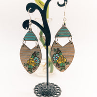 Striped Floral Earrings, Dangle earrings, Hand made Laser Cut wood, Lightweight jewelry Gift, 2 piece drop earrings