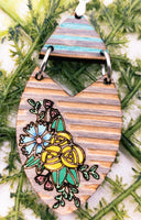 Striped Floral Earrings, Dangle earrings, Hand made Laser Cut wood, Lightweight jewelry Gift, 2 piece drop earrings