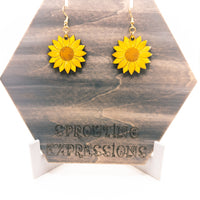 Dangle earrings, Sunflower floral earrings - Hand made jewelry, Laser Cut wood - Lightweight jewelry Gift