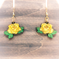 Dangle earrings, yellow rose or red rose earrings - Hand made jewelry, Laser Cut wood - Lightweight jewelry Gift -  floral earrings