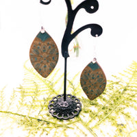 Dangle earrings, floral earrings, reverse engraved, Aztec Earrings - Hand made Laser Cut wood - Lightweight jewelry Gift