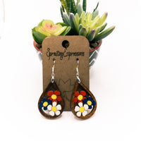 Floral Americana Dangle earrings, Red, White and Blue Patriotic Earrings, Hand made Laser Cut wood for Independence Day