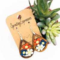 Floral Americana Dangle earrings, Red, White and Blue Patriotic Earrings, Hand made Laser Cut wood for Independence Day