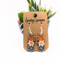 Red, White and Blue Patriotic Earrings, Floral Americana Dangle earrings, Hand made Laser Cut wood, Independence Day