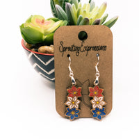 Red, White and Blue Patriotic Earrings, Floral Americana Dangle earrings, Hand made Laser Cut wood, Independence Day