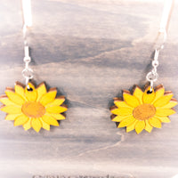 Dangle earrings, Sunflower floral earrings - Hand made jewelry, Laser Cut wood - Lightweight jewelry Gift