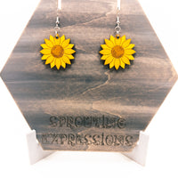 Dangle earrings, Sunflower floral earrings - Hand made jewelry, Laser Cut wood - Lightweight jewelry Gift