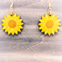 Dangle earrings, Sunflower floral earrings - Hand made jewelry, Laser Cut wood - Lightweight jewelry Gift