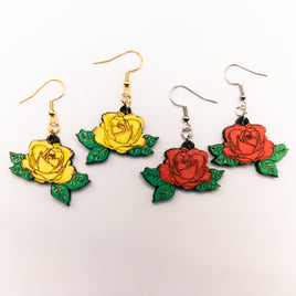 Dangle earrings, yellow rose or red rose earrings - Hand made jewelry, Laser Cut wood - Lightweight jewelry Gift -  floral earrings