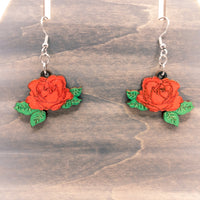 Dangle earrings, yellow rose or red rose earrings - Hand made jewelry, Laser Cut wood - Lightweight jewelry Gift -  floral earrings