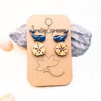 Whale and Sand Dollar Stud Earrings, cute beach stud earring set, tiny stud earrings, Ocean Lover Gift