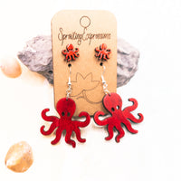 Mommy and me Octopus earring set, cute beach earring set, tiny stud earrings and dangle earrings, Ocean Lover Gift