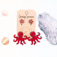 Mommy and me Octopus earring set, cute beach earring set, tiny stud earrings and dangle earrings, Ocean Lover Gift