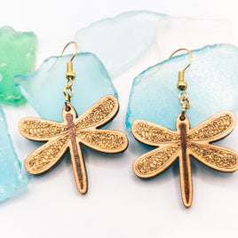 Dragonfly Dangle earrings - Hand made damselfly jewelry, Laser Cut wood - Summer Gift