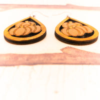 Fall Pumpkin earrings - Hand made jewelry, Wood Dangle Teardrop earrings